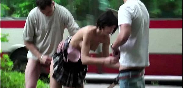  Extreme daring public street sidewalk threesome sex gang bang orgy with a petite